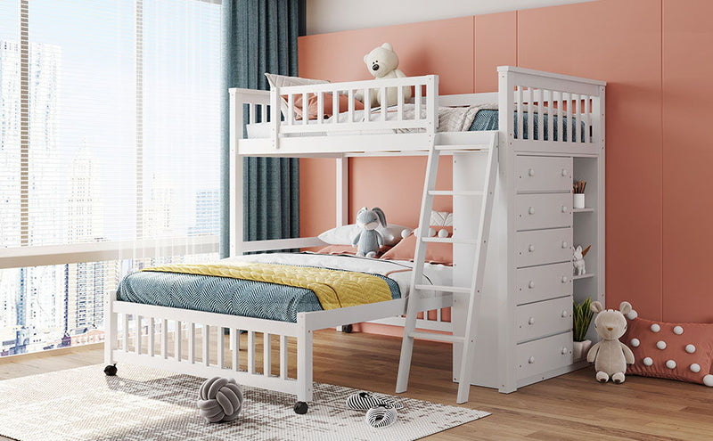 DreamHaus bunk bed with six drawers, flexible shelves, and a bottom bed on wheels, showcasing its sturdy wooden frame and functional design.