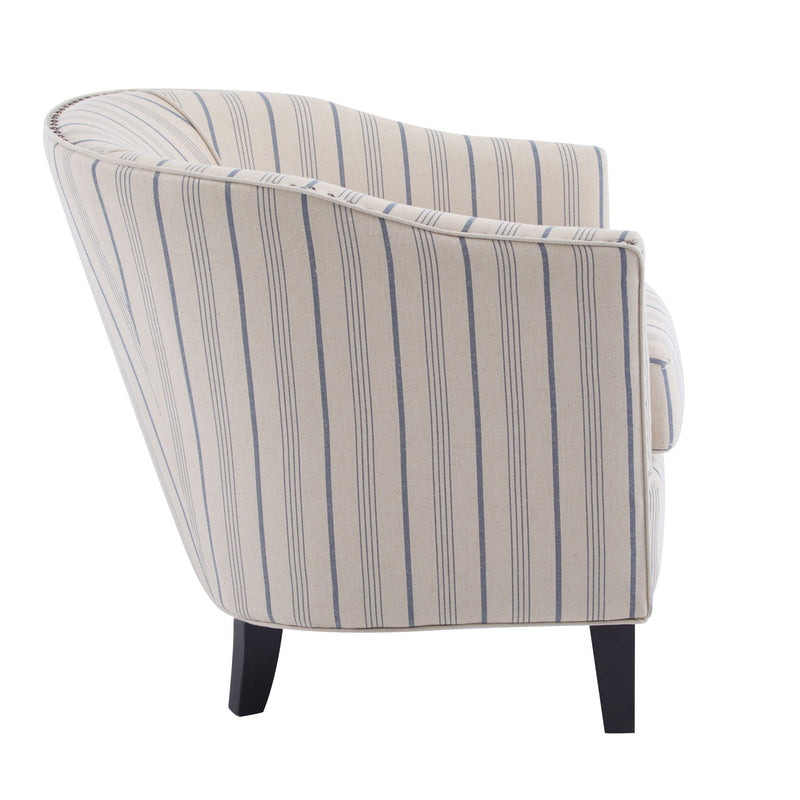 Transitional Upholstered Stripe Barrel Chair With Birch Wood Legs And Plush Cushioned Seat - Beige / Blue Stripe - R&R Furniture Gallery (Fountain Valley, CA)