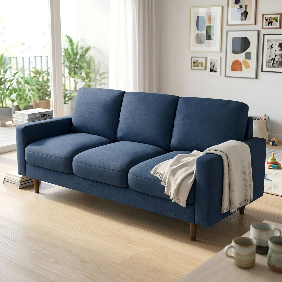 Dark blue US Pride 3 seater sofa with loose back cushions and accent pillows for a stylish living room.