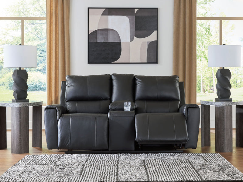 Glossmore - Reclining Loveseat With Console - Black - R&R Furniture Gallery (Fountain Valley, CA)