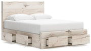 Signature Design by Ashley Lawroy panel bed with built-in storage drawers and a modern wood finish in a bedroom setting.
