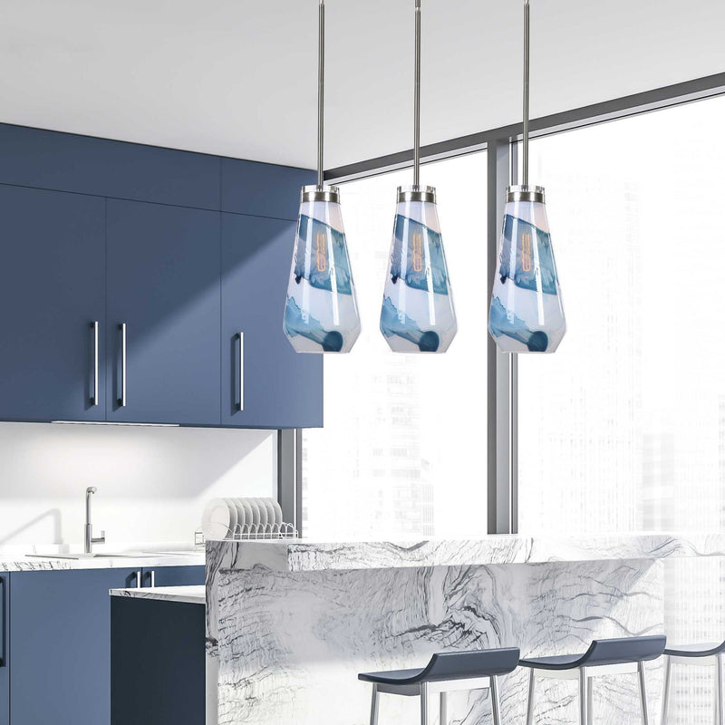 Uttermost Windswept 1 Light Mini Pendant in blue and white glass with a modern pendant lighting design.
