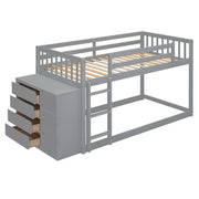 DreamHaus bunk bed with four drawers and three shelves, featuring sturdy wood construction and a modern design for kids' bedroom.