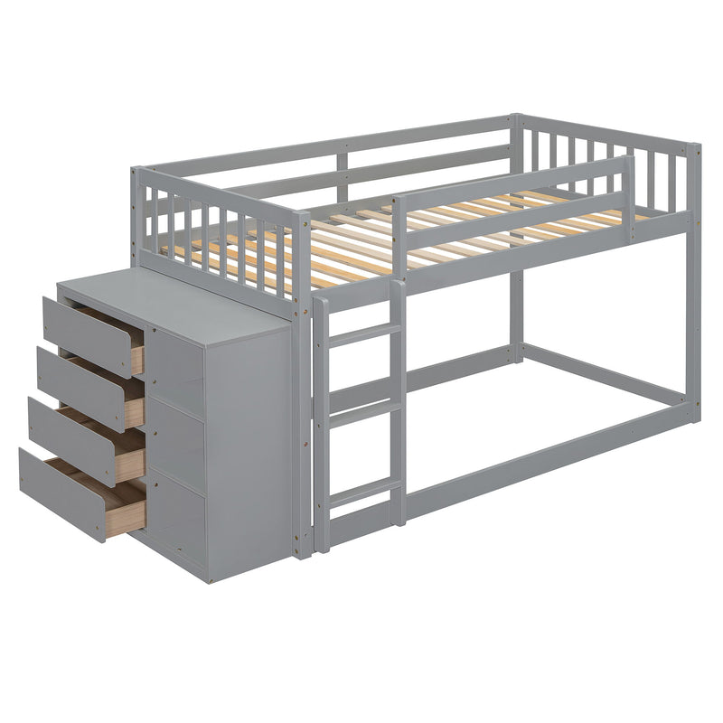 DreamHaus bunk bed with four drawers and three shelves, featuring sturdy wood construction and a modern design for kids' bedroom.