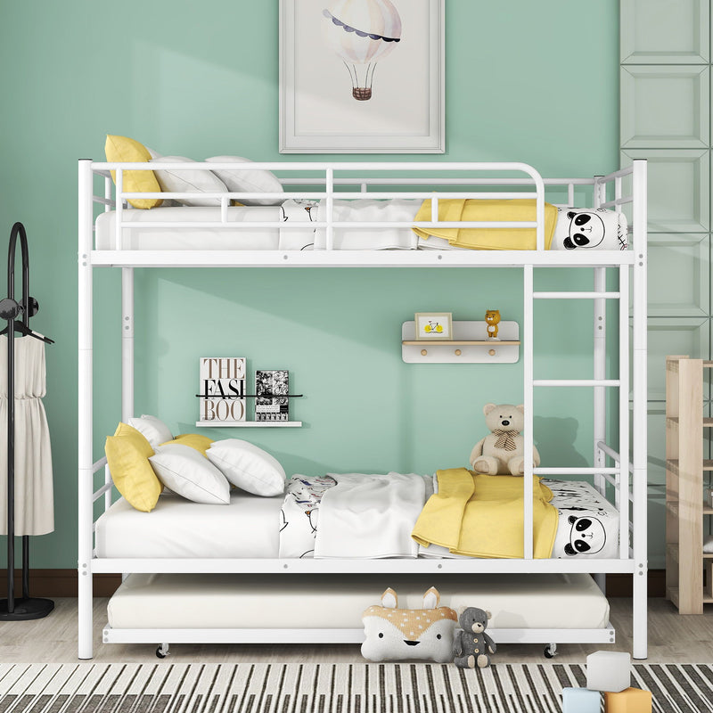 Steel construction bunk bed by DreamHaus with sturdy frame and ladder, designed for space-saving bedroom accommodation.