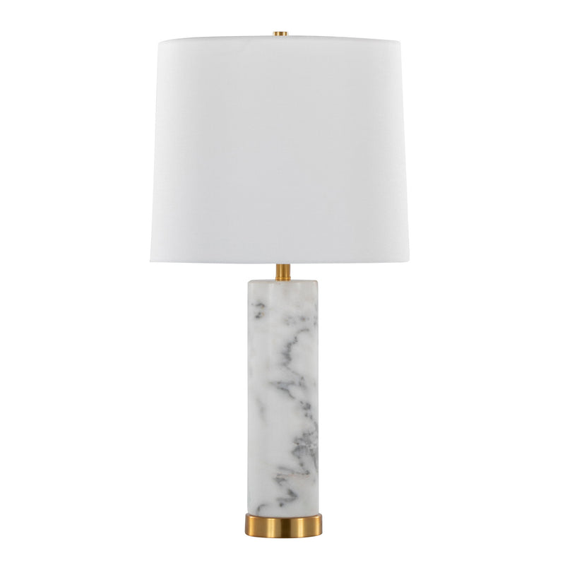 Set of two Lumi Source Marabella contemporary marble table lamps with brass accents and white marble bases.