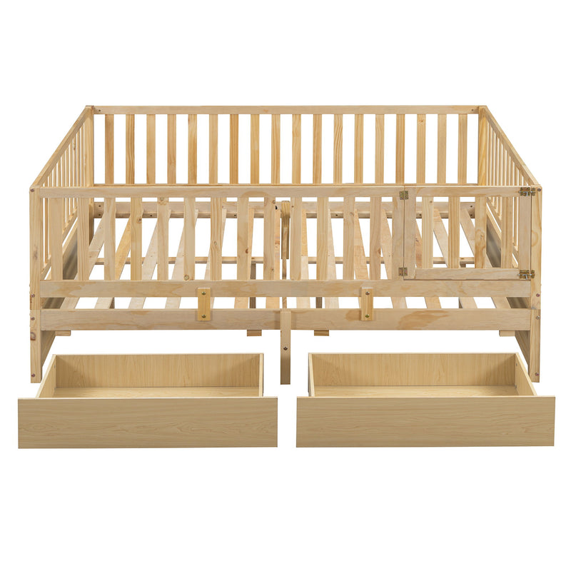 DreamHaus storage daybed with fence guardrails, two drawers, convertible into a separate floor bed for versatile bedroom use.