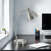 Modern nickel table lamp with silver shade and built-in USB port, 8th Street brand, suitable for contemporary home or office decor.