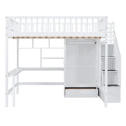 DreamHaus loft bed with integrated bookshelf, drawers, desk, and wardrobe, showcasing a multi-functional space-saving design.