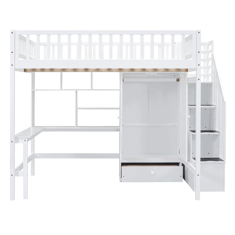 DreamHaus loft bed with integrated bookshelf, drawers, desk, and wardrobe, showcasing a multi-functional space-saving design.
