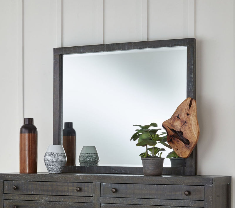 Modus Townsend solid wood beveled glass mirror in gunmetal finish, showcasing a sleek, rectangular design with decorative beveled edges.
