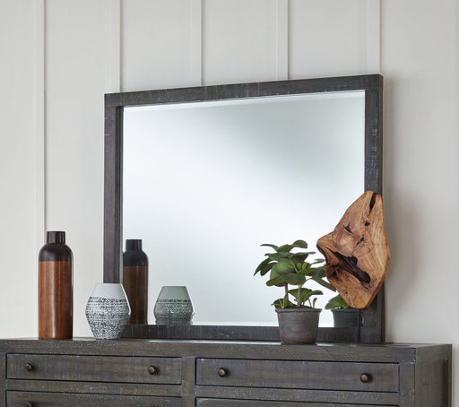 Modus Townsend solid wood beveled glass mirror in gunmetal finish, showcasing a sleek, rectangular design with decorative beveled edges.