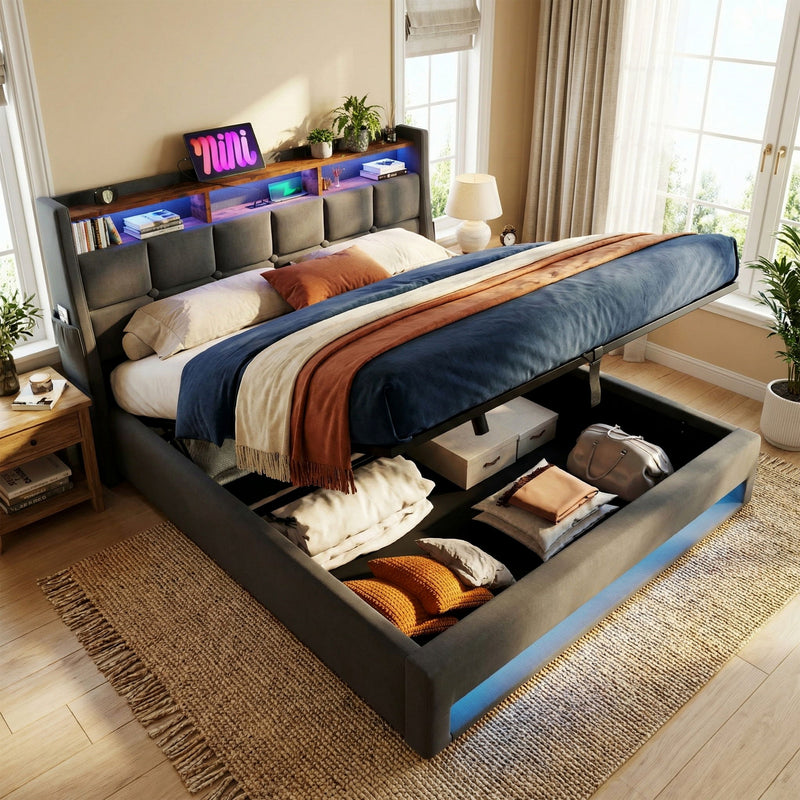 Artistry At Home upholstered platform bed with hydraulic storage, LED lighting, and USB charging ports, without mattress.