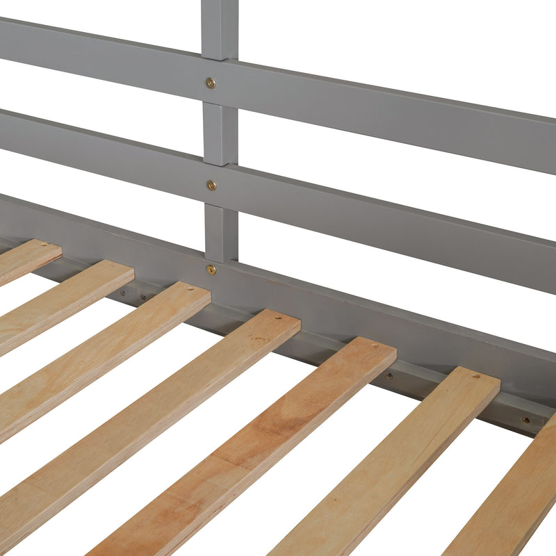 Wood bunk bed with roof, window, guardrail, and ladder by DreamHaus, featuring a cozy, multi-level design for children's bedrooms.