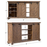 Uttermost Primalia barn door media console in light brown wood with metal accents, featuring sliding barn doors and open storage.