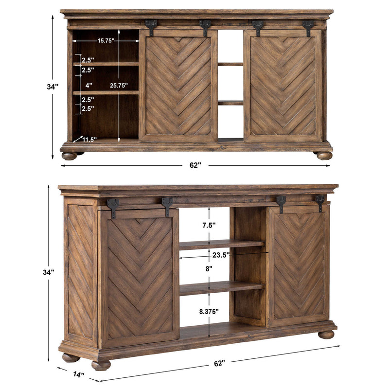 Uttermost Primalia barn door media console in light brown wood with metal accents, featuring sliding barn doors and open storage.