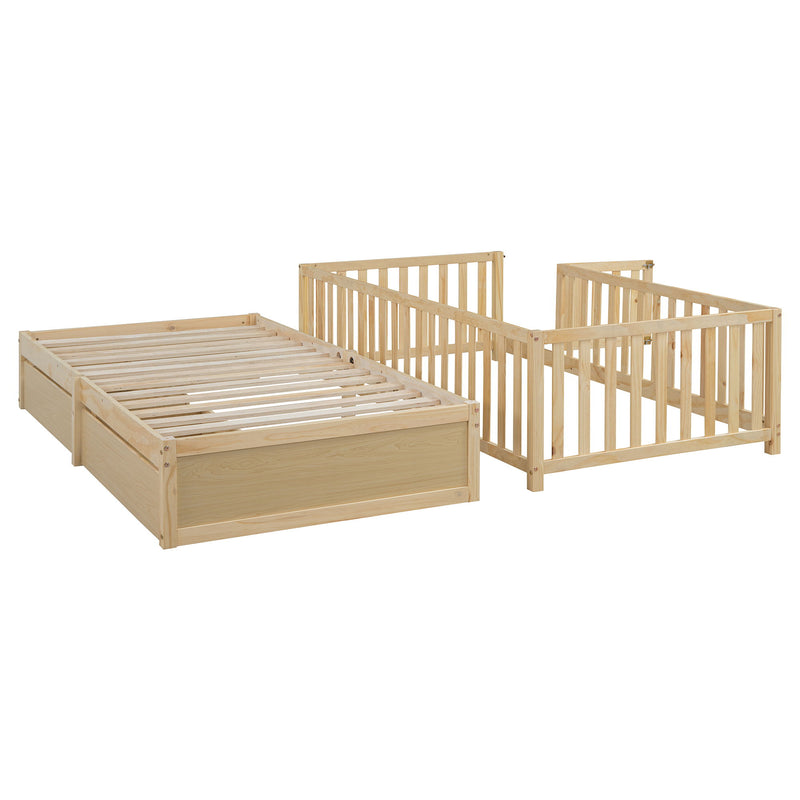 DreamHaus storage daybed with fence guardrails and two drawers, convertible into a floor bed and daybed, shown with bedding and pillows.