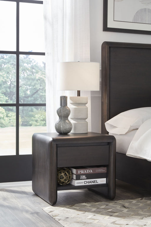 Modus Xolani one drawer nightstand in acacia wood with a jaguar finish, showcasing a sleek standalone design with a single drawer.