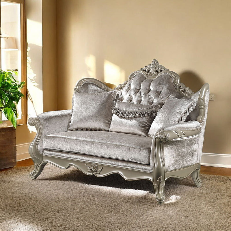 Libertee - Loveseat With 3 Pillows - Beige Fabric & Champagne - R&R Furniture Gallery (Fountain Valley, CA)