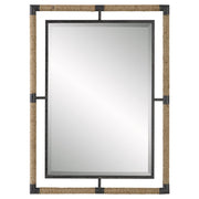 Light brown Uttermost Melville iron and rope wall mirror with a round frame, featuring a rustic, nautical-inspired design.