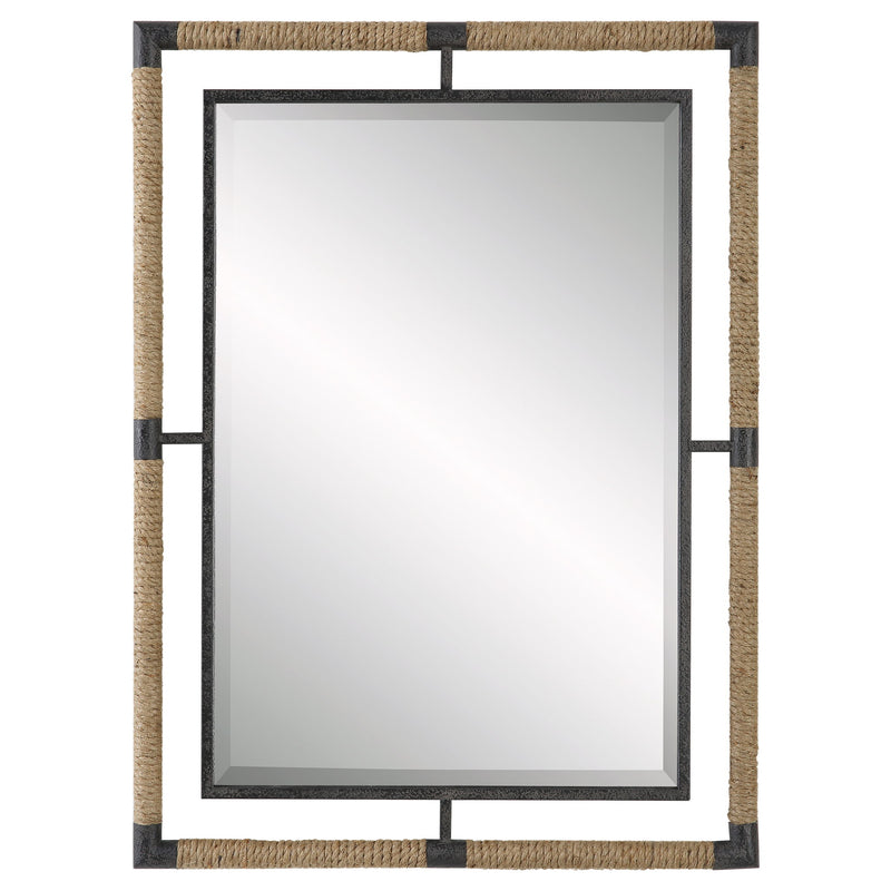 Light brown Uttermost Melville iron and rope wall mirror with a round frame, featuring a rustic, nautical-inspired design.