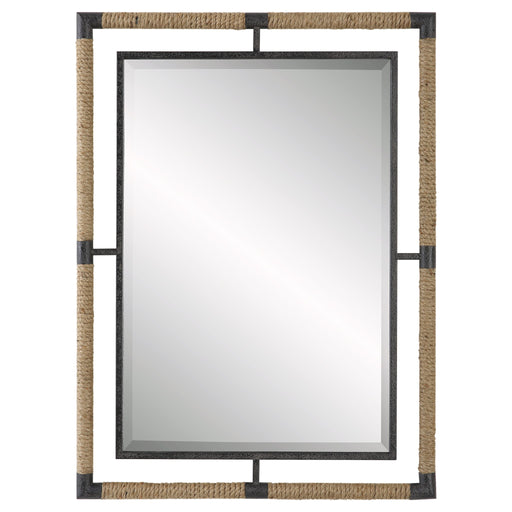 Light brown Uttermost Melville iron and rope wall mirror with a round frame, featuring a rustic, nautical-inspired design.