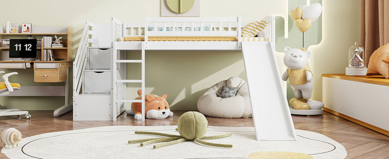 DreamHaus loft stairway bed with two drawers, convertible ladder, and slide, showcasing a modern multi-functional bedroom furniture piece.