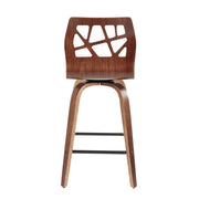 Set of two Lumi Source Folia mid-century modern counter stools with wooden seats and black metal legs.