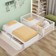 DreamHaus storage daybed with fence guardrails and two drawers, versatile split into a floor bed and daybed, showing its design.