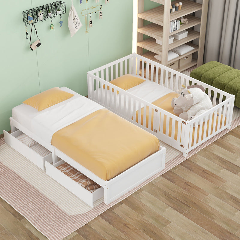 DreamHaus storage daybed with fence guardrails and two drawers, versatile split into a floor bed and daybed, showing its design.
