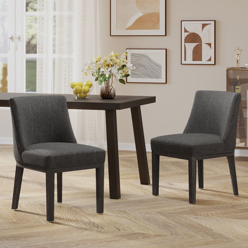 Set of two Noble House modern dining chairs with durable fabric upholstery and sturdy wooden frames, designed for stylish comfort.
