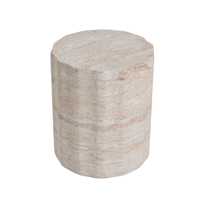 Noble House beige concrete side table with travertine top, suitable for indoor or outdoor use, lightweight and stylish.