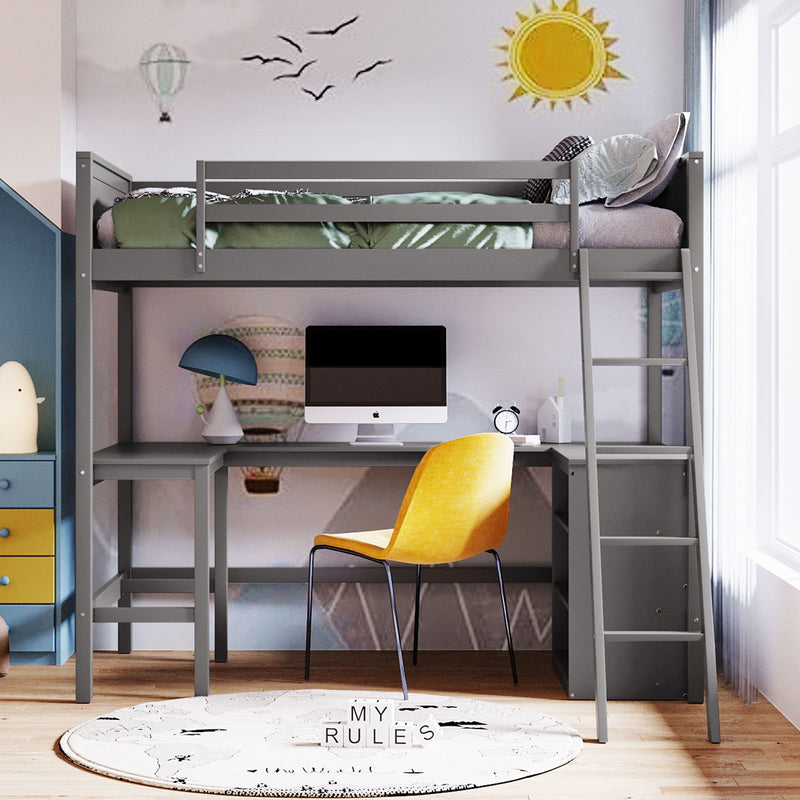 DreamHaus loft bed with shelves and desk, featuring a sturdy wooden frame, built-in storage, and a functional workspace.