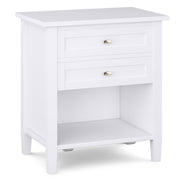 Handcrafted Warm Shaker bedside table by Simpli-Home, featuring a natural wood finish, single drawer, and open shelf for bedroom storage.