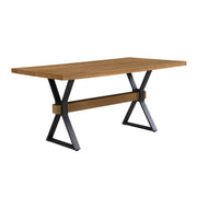 Brown farmhouse style dining table with X-shaped legs and molded details by Noble House, showcasing a sturdy wooden surface.