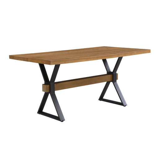 Brown farmhouse style dining table with X-shaped legs and molded details by Noble House, showcasing a sturdy wooden surface.