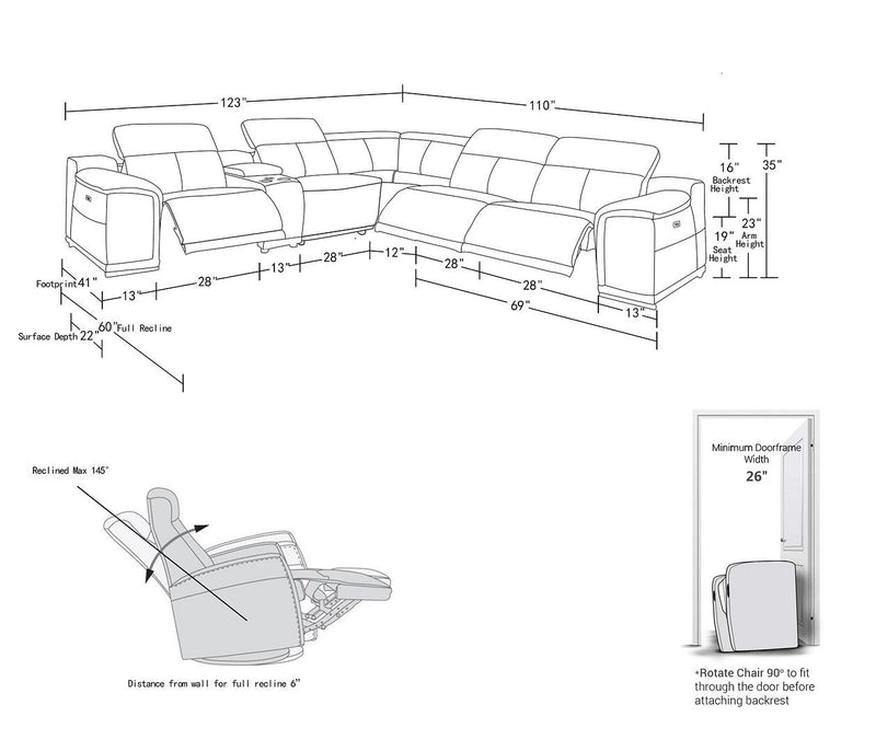 2679 - 6-Piece L-Shaped Power Reclining Sectional In Genuine Leather (3 Recliners)