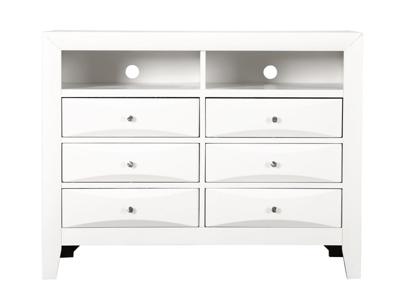 Glory Furniture Marilla media chest with wood finish, featuring multiple drawers and storage compartments for media devices.