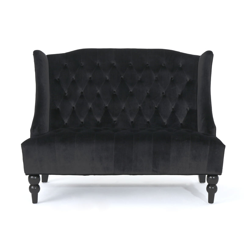 Noble House Nurturing upholstered loveseat with wing back, diamond tufting, and plush seating in a stylish stationary design.