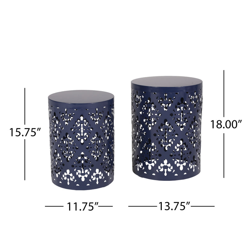 Set of two navy blue Noble House iron end tables with modern cut design, perfect for living room or bedroom decor.