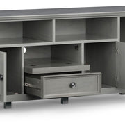 Wide Simpli-Home Amherst TV media stand with open shelves and storage compartments for modern entertainment setup.