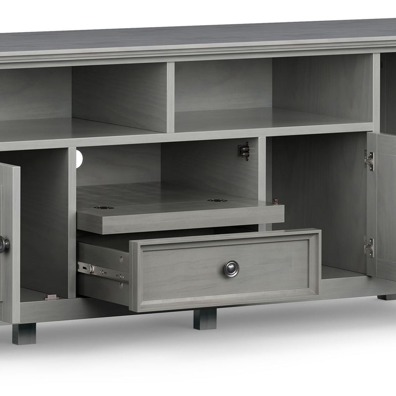 Wide Simpli-Home Amherst TV media stand with open shelves and storage compartments for modern entertainment setup.