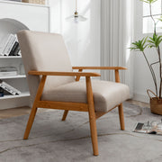 US Pride wide classic mid-century modern arm chair with wooden legs and beige upholstered seat and back for stylish comfort.