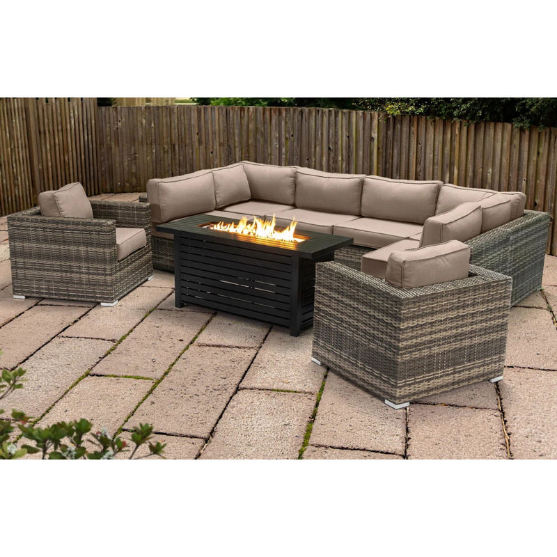 9 Piece Outdoor Sectional Set With Fire Pit Table And Cushions - Beige - R&R Furniture Gallery (Fountain Valley, CA)