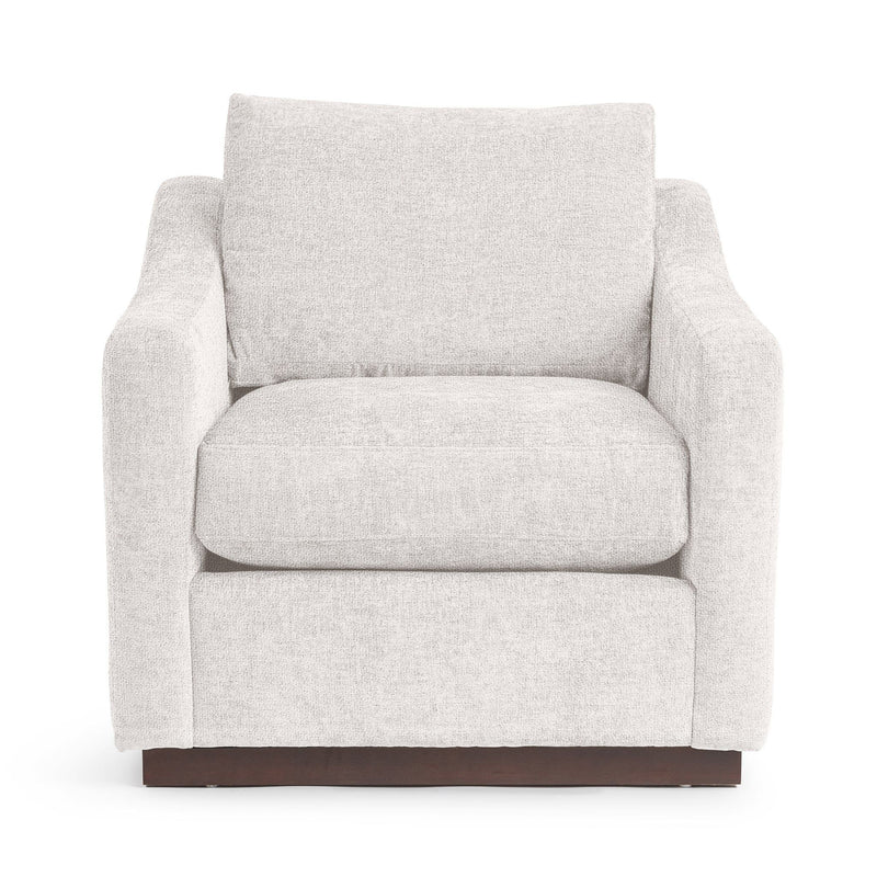 Classic Home Aspen accent arm chair with plush fabric upholstery and wooden legs, stylishly designed for living room decor.