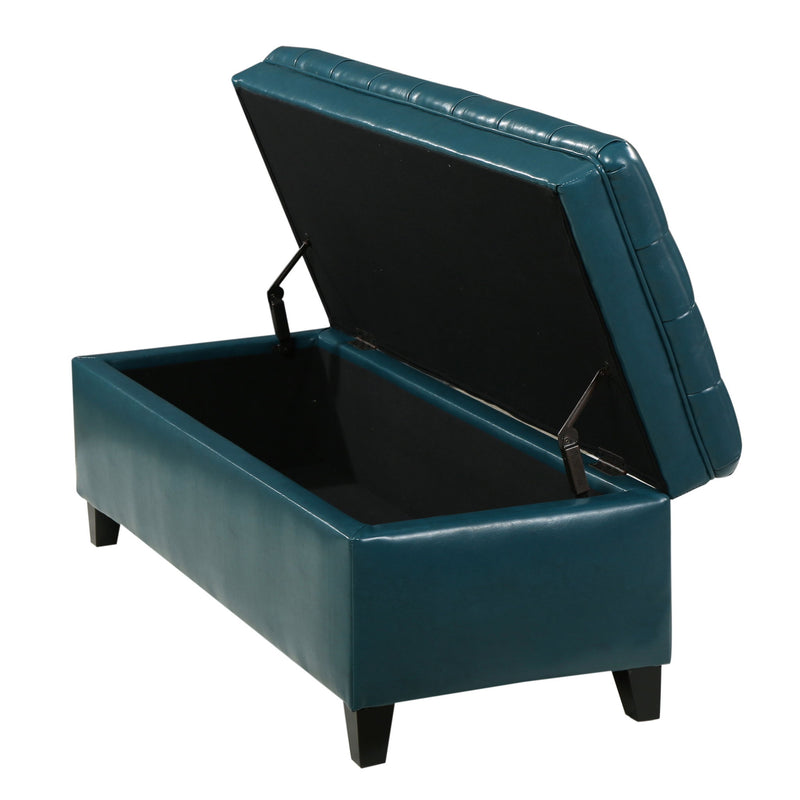 Noble House Juliana storage ottoman with beige fabric and birch wood legs, offering stylish seating and hidden storage.