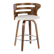 Lumi Source Cosini mid-century modern fixed height barstool set with swivel and round footrest, featuring sleek wooden legs and upholstered seats.