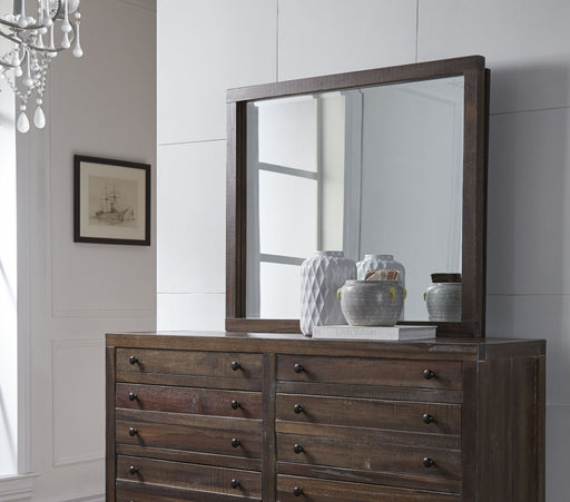 Modus Townsend solid wood mirror in Java finish, showcasing a sleek standalone design with a natural wood frame.