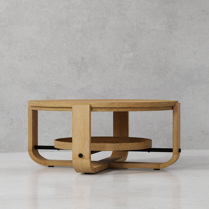 Escape - Cocktail Table Round With Shelf - Glazed Natural Oak / Black Metal Trim - R&R Furniture Gallery (Fountain Valley, CA)