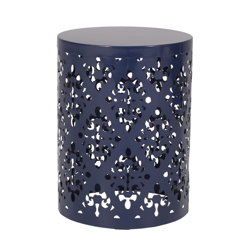 Set of two navy blue Noble House modern iron end tables with cut-out design, ideal for stylish living room decor.
